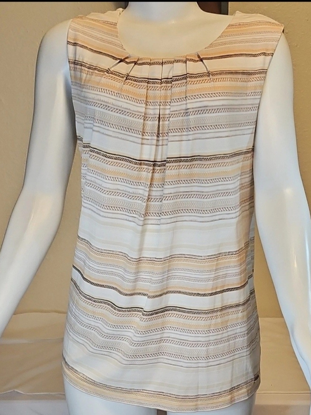 Calvin Klein Cream & Beige Striped Pleated Neck Sleeveless Top
